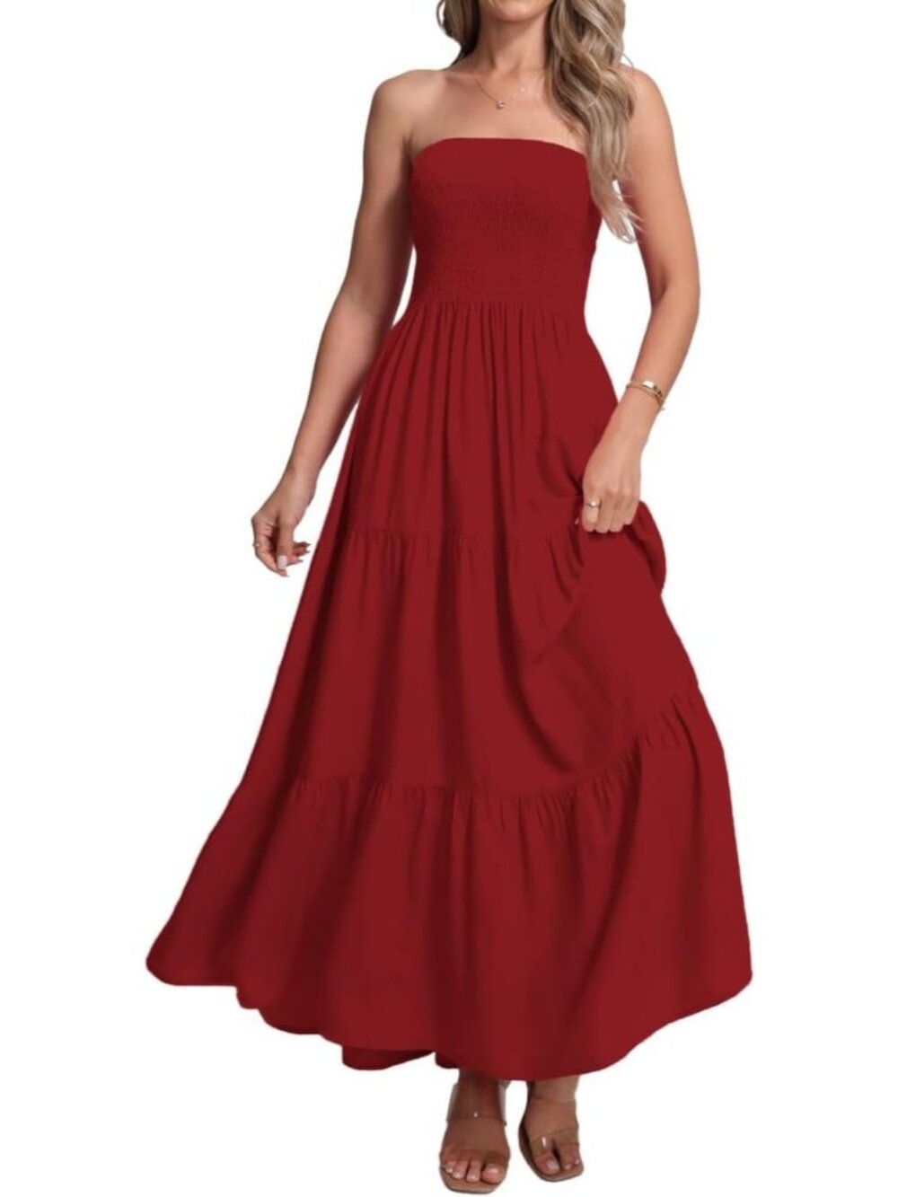 Women's Dark Red Casual Off Shoulder Strapless Tube Top Beach Maxi Dress